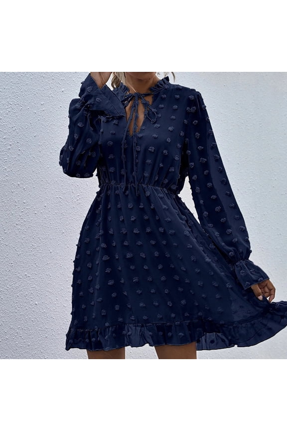 EQWLJWE Women's Fashion Casual Round Neck Solid Color Ruffle Long Sleeve Belt Dress