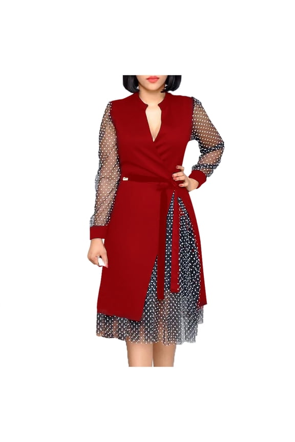 EQWLJWE Womens Fashion Casual Splicing Point Print V-Neck Split Fork Long Dress