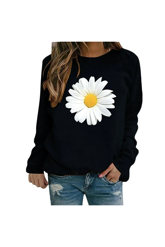 Womens Winter Winter Womens Casual Tops Ladies Daisy Print Sweatshirt Blouse Tee Sweater Womens Sweatshirts & Hoodies