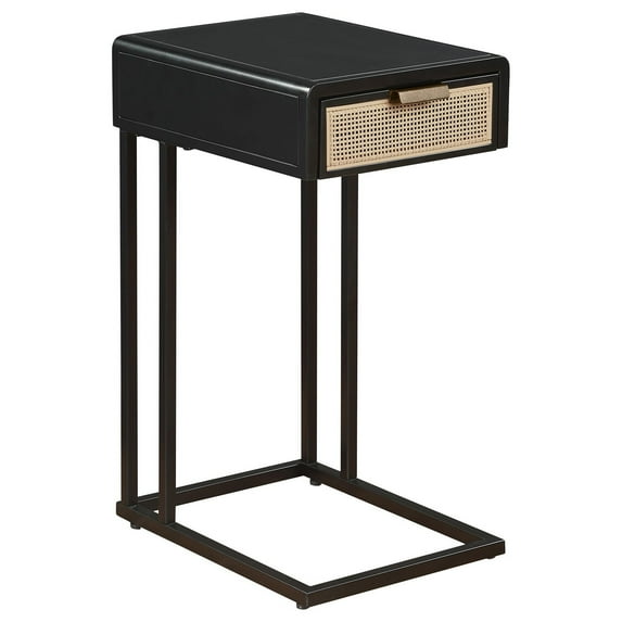 Benjara Lanie Side C Table, 1 Drawer, Sleek Black Metal Frame, Faux Rattan