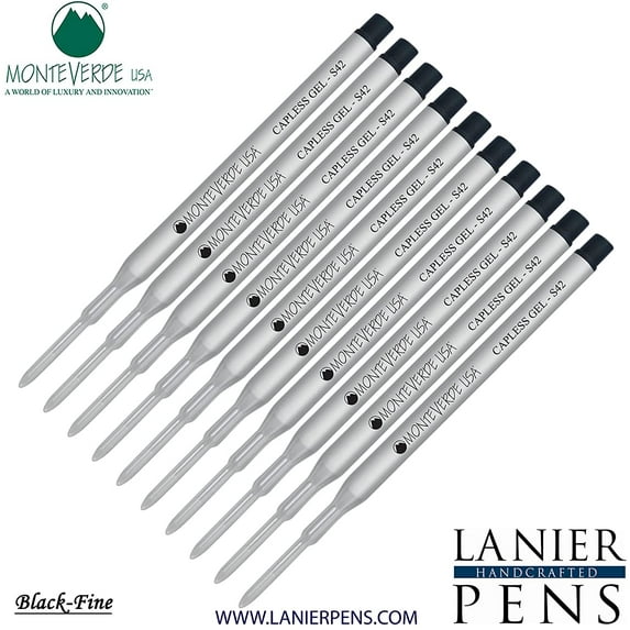 Lanier Combo Pack - 10 Pack - Monteverde Capless S42 Gel Ink Refill Compatible with most Sheaffer Style Ballpoint Pens - Black (Fine Tip 0.6mm)