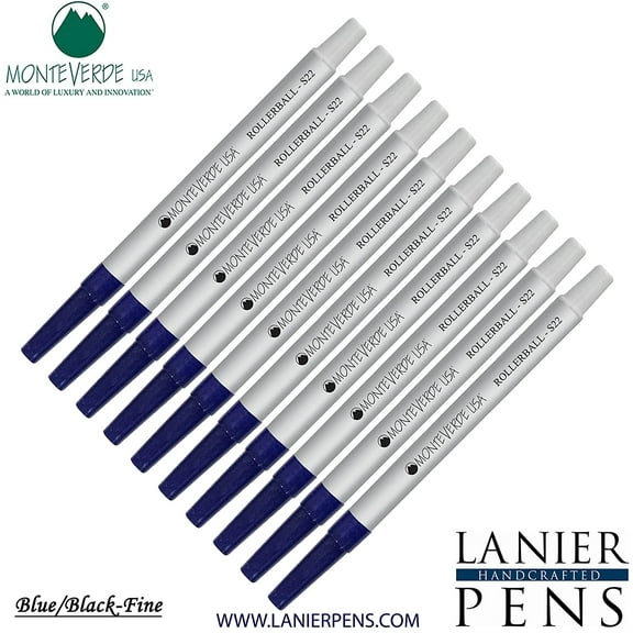 Lanier Combo Pack - 10 Pack - Monteverde Rollerball S22 Paste Ink Refill Compatible with most Sheaffer Style Rollerball Pens - BlueBlack (Fine Tip 0.6mm)
