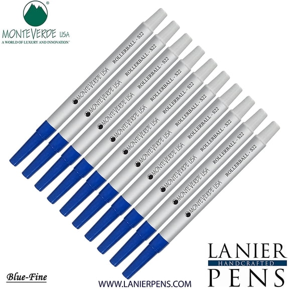 Lanier Combo Pack - 10 Pack - Monteverde Rollerball S22 Paste Ink Refill Compatible with most Sheaffer Style Rollerball Pens - Blue (Fine Tip 0.6mm)