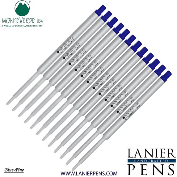 Lanier Combo Pack - 12 Pack - Monteverde Capless Ballpoint W42 Gel Ink Refill Compatible with most Waterman Style Ballpoint Pens - Blue (Fine Tip 0.6mm)