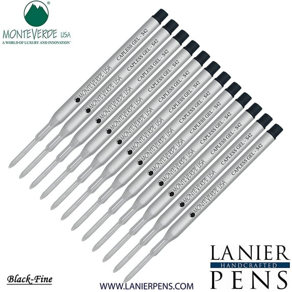 Lanier Combo Pack - 12 Pack - Monteverde Capless S42 Gel Ink Refill Compatible with most Sheaffer Style Ballpoint Pens - Black (Fine Tip 0.6mm)