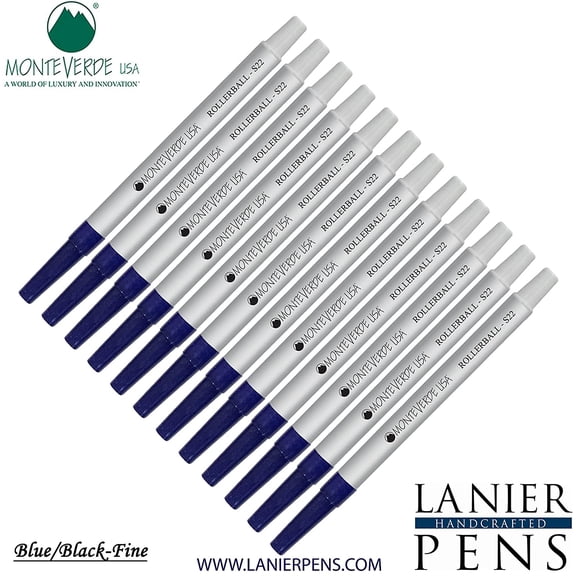Lanier Combo Pack - 12 Pack - Monteverde Rollerball S22 Paste Ink Refill Compatible with most Sheaffer Style Rollerball Pens - BlueBlack (Fine Tip 0.6mm)