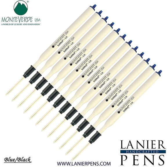 Lanier Combo Pack - 12 Pack - Monteverde Soft Roll Ballpoint L13 Paste Ink Refill Compatible with most Lamy Style Ballpoint Pens - BlueBlack (Medium Tip 0.7mm)