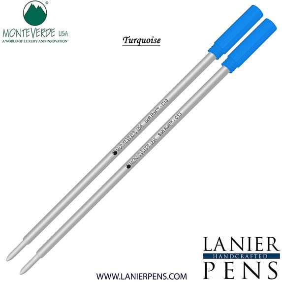Lanier Combo Pack - 2 Pack - Monteverde Soft Roll Ballpoint C13 Paste Ink Refill Compatible with most Cross Style Ballpoint Pens - Turquoise (Medium Tip 0.7mm)