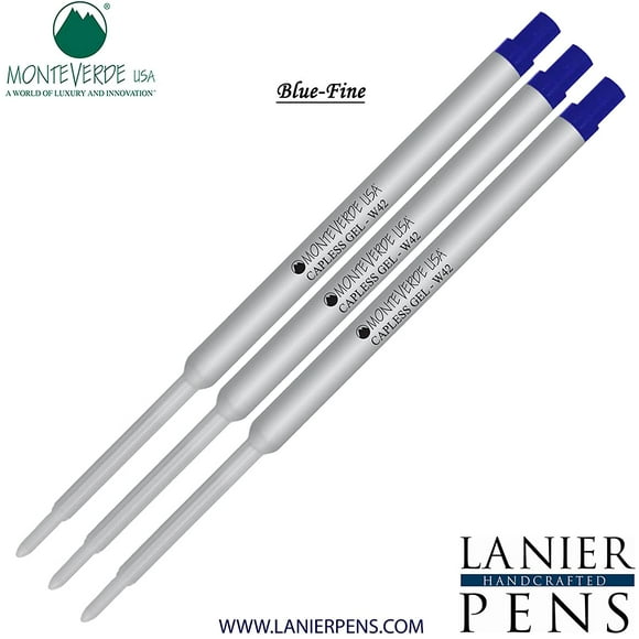 Lanier Combo Pack - 3 Pack - Monteverde Capless Ballpoint W42 Gel Ink Refill Compatible with most Waterman Style Ballpoint Pens - Blue (Fine Tip 0.6mm)