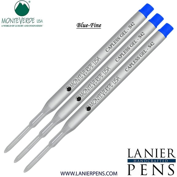 Lanier Combo Pack - 3 Pack - Monteverde Capless S42 Gel Ink Refill Compatible with most Sheaffer Style Ballpoint Pens - Blue (Fine Tip 0.6mm)