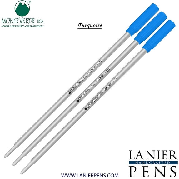 Lanier Combo Pack - 3 Pack - Monteverde Soft Roll Ballpoint C13 Paste Ink Refill Compatible with most Cross Style Ballpoint Pens - Turquoise (Medium Tip 0.7mm)