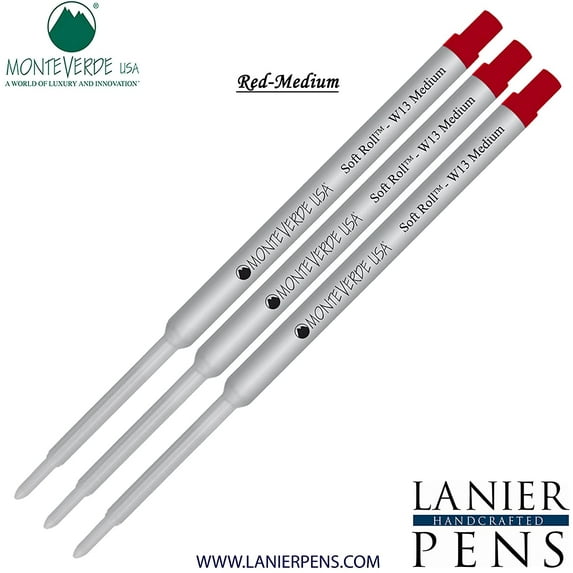 Lanier Combo Pack - 3 Pack - Monteverde Soft Roll Ballpoint W13 Paste Ink Refill Compatible with most Waterman Style Ballpoint Pens - Red (Medium Tip 0.7mm)