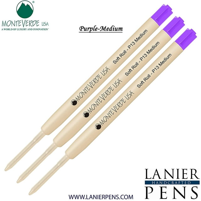 Lanier Combo Pack - 3 Pack - Monteverde SoftRoll Ballpoint P13 Paste Ink Refill Compatible with most Parker Style Ballpoint Pens - Purple (Medium Tip 0.7mm)