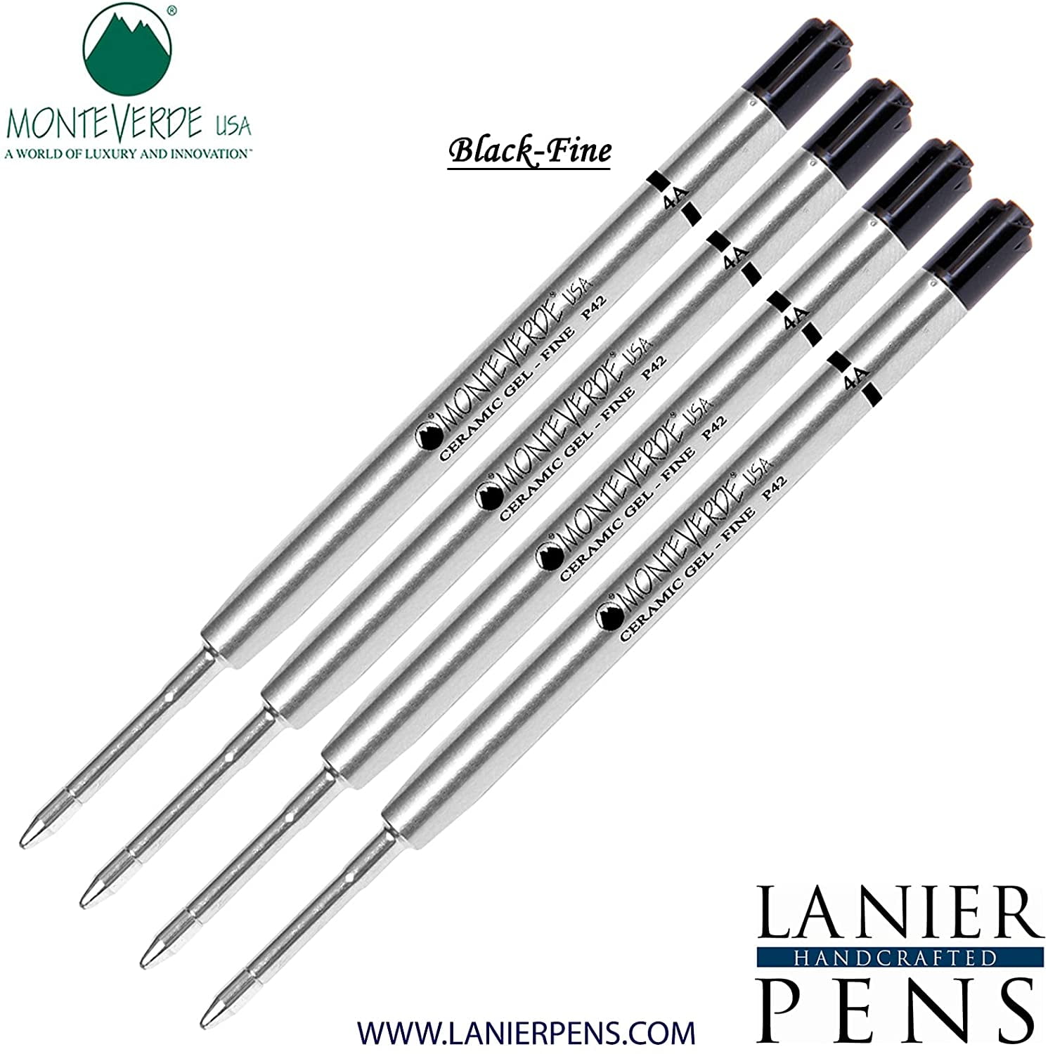 Lanier Combo Pack - 4 Pack - Monteverde Capless Ceramic Gel P42 Ink Refill Compatible with most Parker Style Ballpoint Pens - Black (Fine Tip 0.6mm)