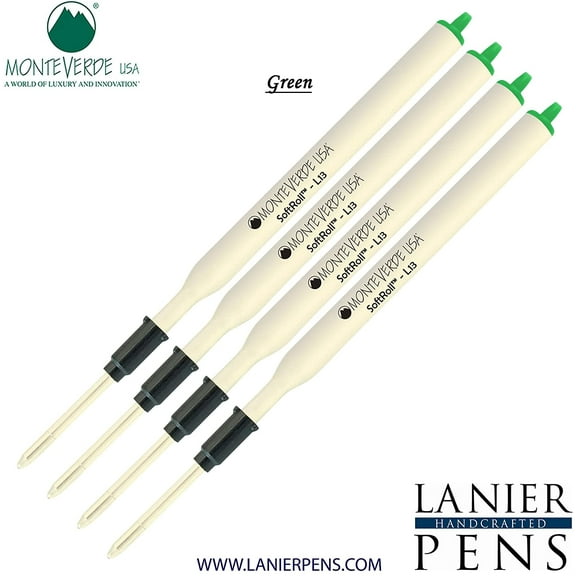 Lanier Combo Pack - 4 Pack - Monteverde Soft Roll Ballpoint L13 Paste Ink Refill Compatible with most Lamy Style Ballpoint Pens - Green (Medium Tip 0.7mm)