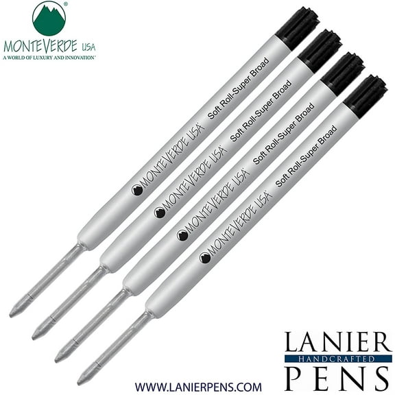 Lanier Combo Pack - 4 Pack - Monteverde Soft Roll Super Broad Ballpoint P15 Paste Ink Refill Compatible with most Parker Style Ballpoint Pens - Black (Super Broad Tip 1.4mm)