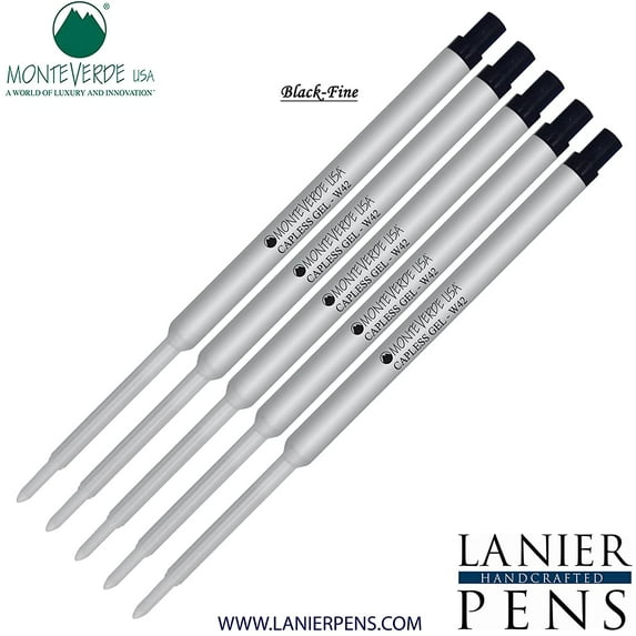 Lanier Combo Pack - 5 Pack - Monteverde Capless Ballpoint W42 Gel Ink Refill Compatible with most Waterman Style Ballpoint Pens - Black (Fine Tip 0.6mm)