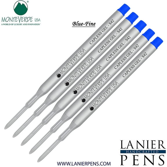 Lanier Combo Pack - 5 Pack - Monteverde Capless S42 Gel Ink Refill Compatible with most Sheaffer Style Ballpoint Pens - Blue (Fine Tip 0.6mm)