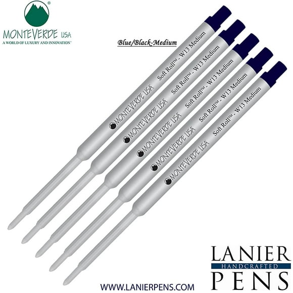 Lanier Combo Pack - 5 Pack - Monteverde Soft Roll Ballpoint W13 Paste Ink Refill Compatible with most Waterman Style Ballpoint Pens - BlueBlack (Medium Tip 0.7mm)