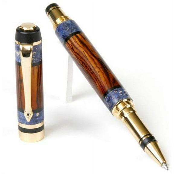 Lanier Pens - Elite Rollerball Pen - 24kt Gold Plating- Cocobolo with Blue Box Elder Inlays