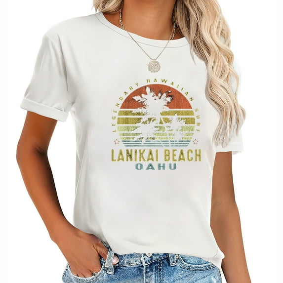 Lanikai Beach Oahu Retro Palm Sunset - Beach Gift Fashionable Women's Graphic Tee with Unique Print, Comfortable Short Sleeve Top