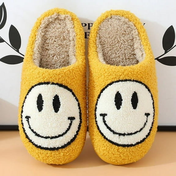 Lankey Smiley Face Slippers for Women Men Anti-Slip Soft Plush Comfy Indoor Slippers Couple Style Home Shoes
