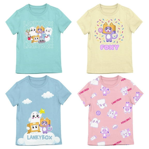 Lanky Box Confetti Clouds & Character Art Girl's 4-Pack Crew Neck Short Sleeve T-shirt Set-Large