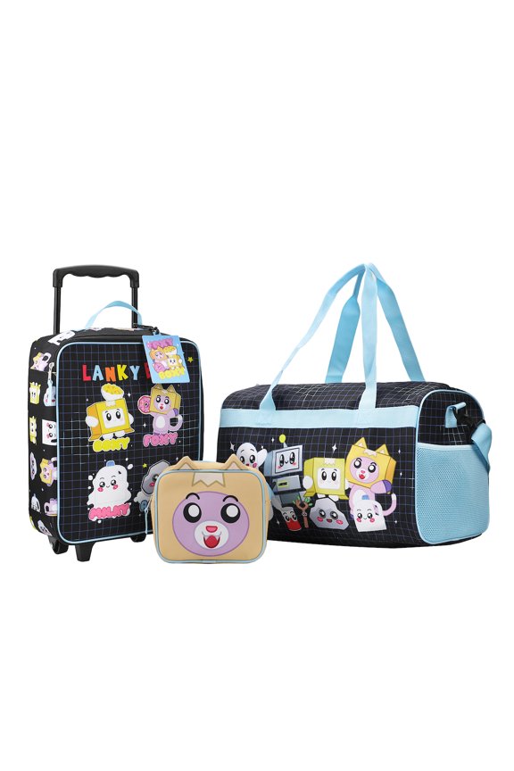 LankyBox 4-Piece Kids'  Carry On Travel Set - Officially Licensed with 14" Pilot Case Duffle Bag Utility Case and Luggage Tag