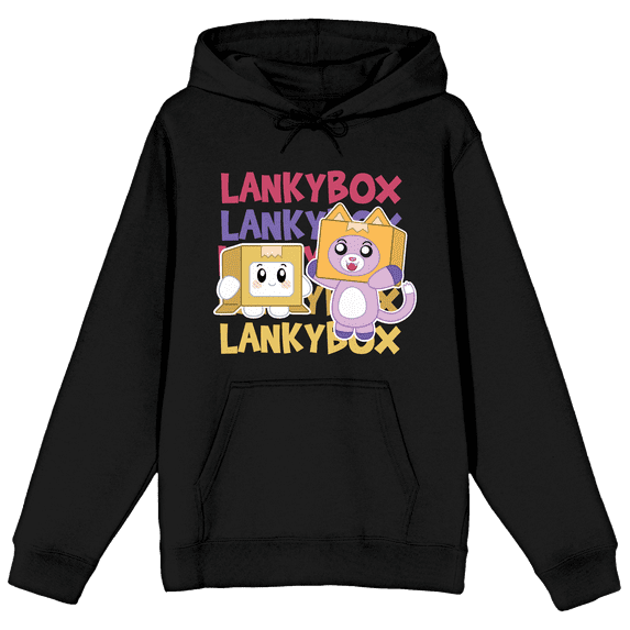 LankyBox Boxy & Foxy With Repeat Logo Long Sleeve Black Adult Hooded Sweatshirt-XXL