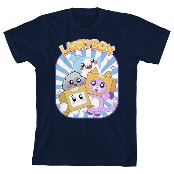 LankyBox Characters On Blue & White Panel Crew Neck Short Sleeve Navy Boy's T-shirt-Large