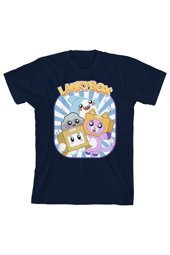 LankyBox Characters On Blue & White Panel Crew Neck Short Sleeve Navy Boy's T-shirt-Medium