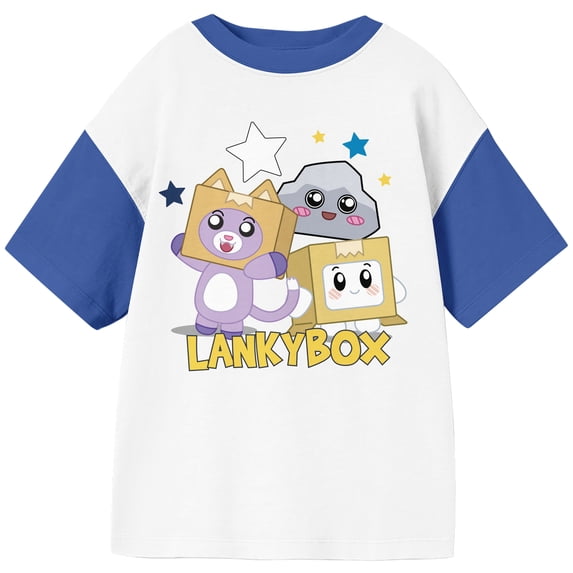 LankyBox Starry Character Group Shot Youth Blue & White Crew Neck Short Sleeve T-shirt-Large