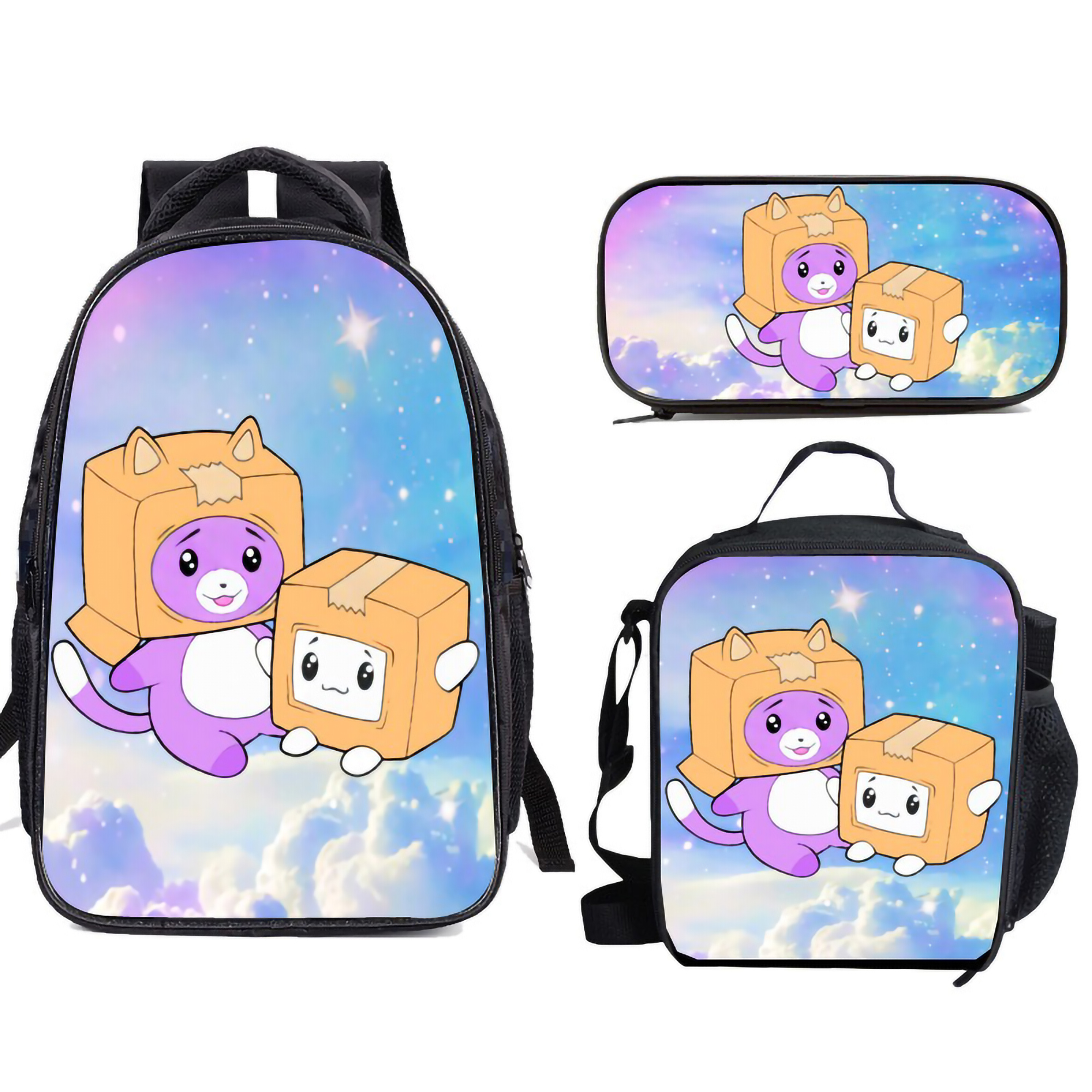 Lankybox Backpack and LunchBag Set for Girls Boys Kids Bookbags, 3Pcs School Bag with Lunch Bag