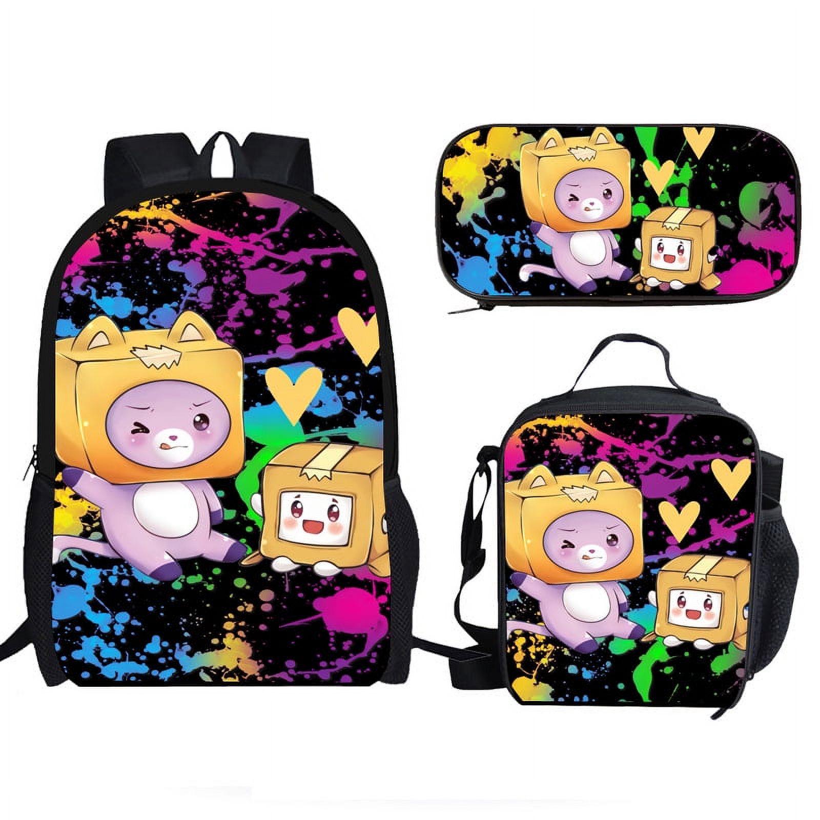 Lankybox Backpack and LunchBag Set for Girls Boys Kids Bookbags, 3Pcs School Bag with Lunch Bag