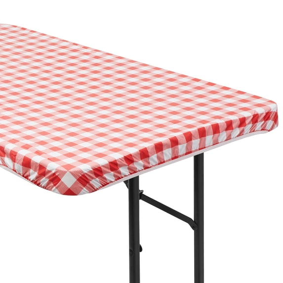 Lann's Linens 48'' x 30'' Fitted Vinyl Tablecloth w/ Flannel Backing, Red Checkered