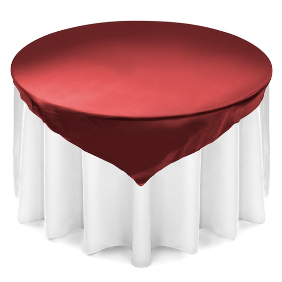Lann's Linens - 5 Satin Overlay Table Toppers - 72" Square Tablecloth Covers for Wedding, Reception or Party - Burgundy