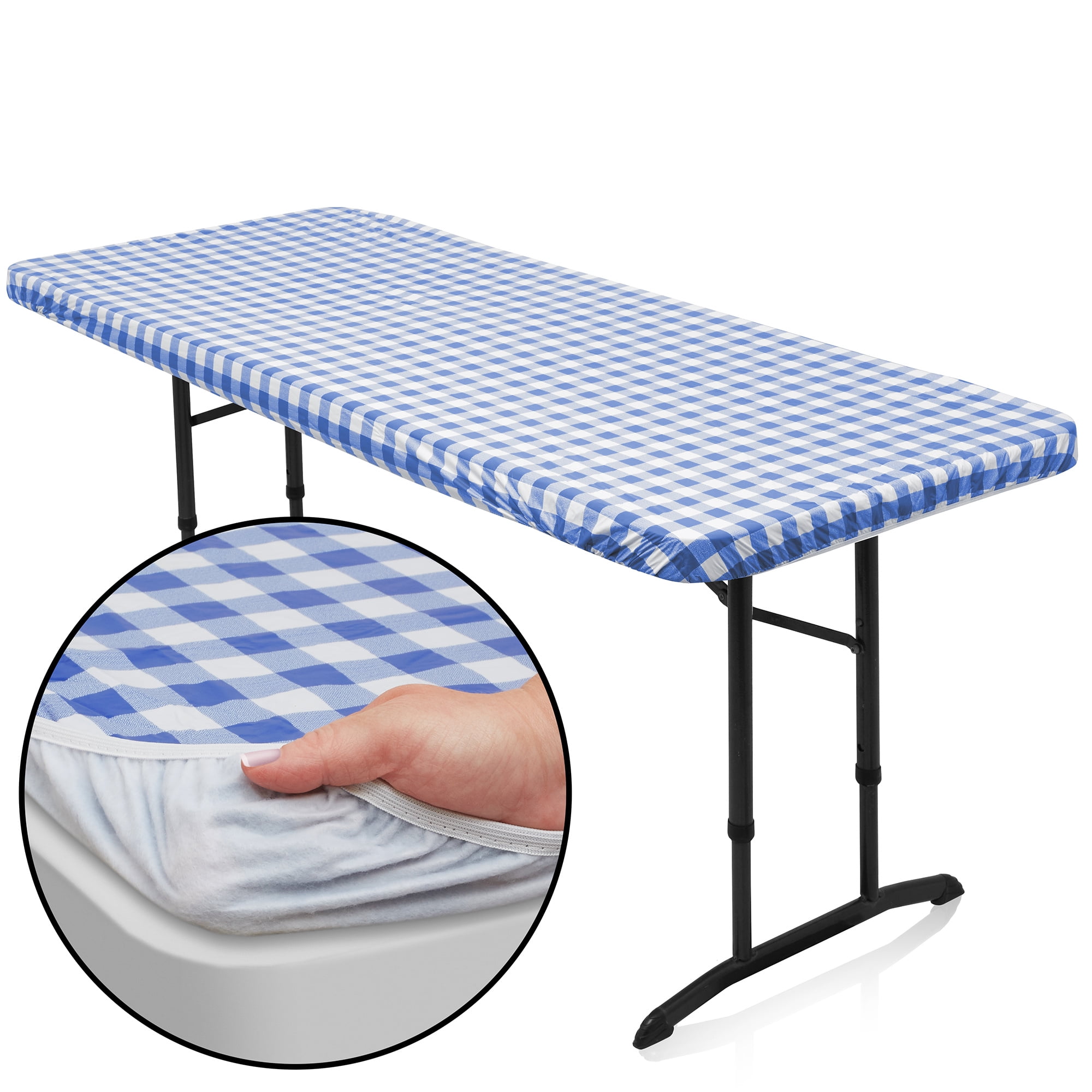 Blue and White Checkered Vinyl Fitted Tablecloth with Flannel Backing