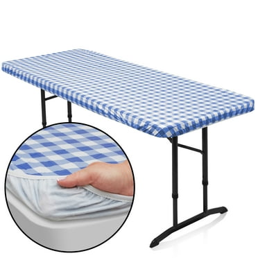 Lann's Linens 72'' x 30'' Fitted Vinyl Tablecloth w/ Flannel Backing, Blue Checkered
