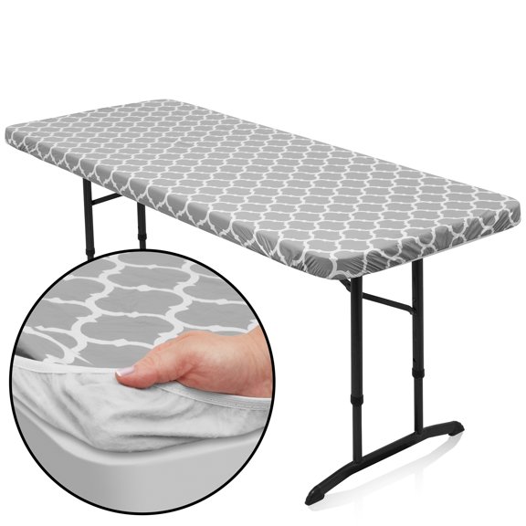 Lann's Linens 72'' x 30'' Fitted Vinyl Tablecloth w/ Flannel Backing, Gray Moroccan