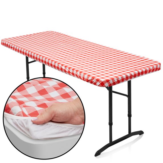 Lann's Linens 72'' x 30'' Fitted Vinyl Tablecloth w/ Flannel Backing, Red Checkered