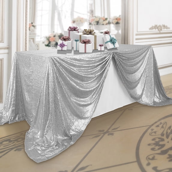 Lann's Linens 90" x 132" Silver Sequin Tablecloth, Sparkly Rectangle Table Cloth for Wedding, Party, Banquet