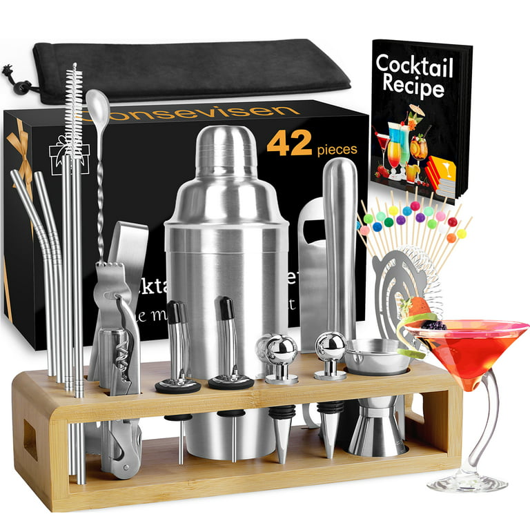 Mixeries Mixology Bartender Kit with Stand - 19 Piece Bar Set Cocktail Shaker Set Drink Mixer Set for Home Bar with All Bar Accessories - Bar Tool Set
