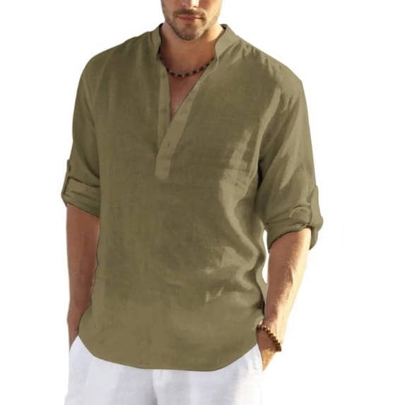 Lannger Men's Cotton Linen Henley Shirt Long Sleeve Hippie Casual Beach T Shirts