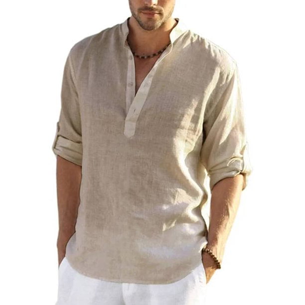 Lannger Men's Cotton Linen Henley Shirt Long Sleeve Hippie Casual Beach ...