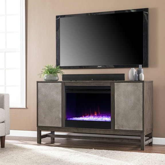 Lannington Color Changing Fireplace with Media Storage in Brown/Antique Silver