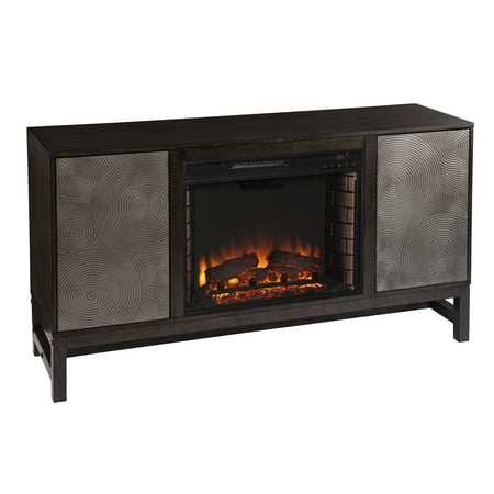 Lannington Electric Fireplace with Media Storage in Brown/Antique Silver