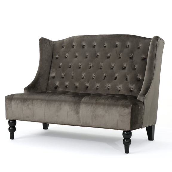Lanny Loveseat Settee, Wingback Bench 50 Inch Wood, Tufted Gray Velvet