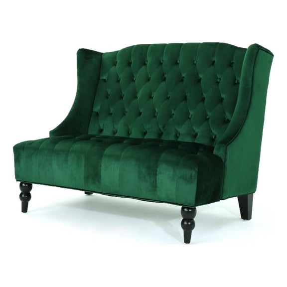 Benjara Lanny Loveseat Settee- Wingback Bench 50" Wood- Tufted Green Velvet