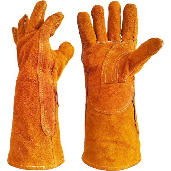 Lanola 16 Inches Welding Gloves 1 Pair, with Fire Heat Resistant Lined Cowhide Leather, Fireproof Stitching and Protective Strips, Unisex for Welders Fireplace BBQ Gardening Animal Training