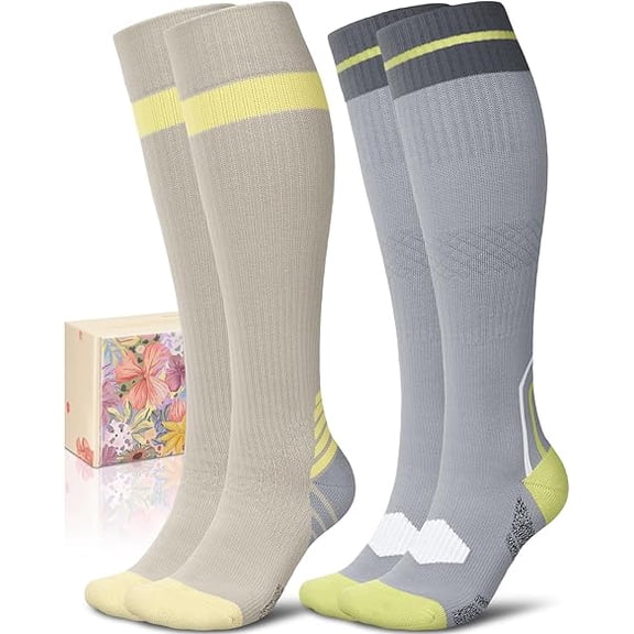 Lanola 2 Pairs Thick Cotton Compression Socks for Women 15-20mmHg Cute Knee High Socks Support for Running, Travel, Nurse, Pregnancy(Beige/Light Grey)